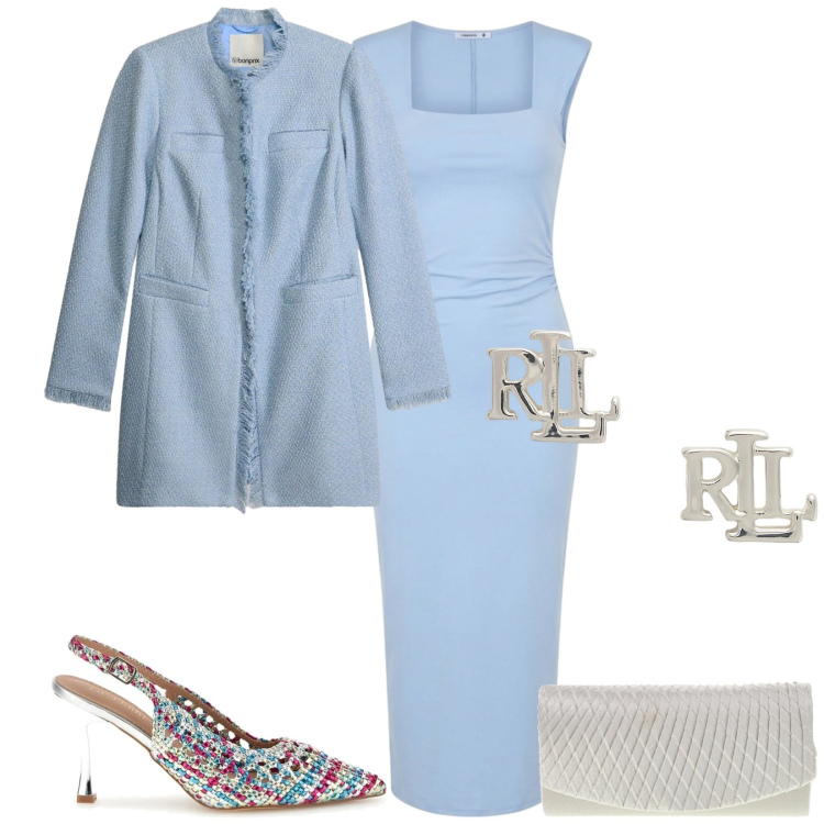 Outfit donna - Total look #2394966. Stile Bon Ton per Cerimonia. Abbinamento con blazer, vestiti midi/longuette, orecchini, décolleté, pochette.