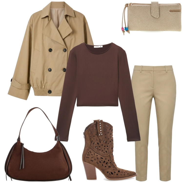 Outfit donna - Total look #2394968. Stile Casual chic per Tutti i giorni. Abbinamento con borse a tracolla, trench, t-shirt, pantaloni skinny, stivaletti texani, portafogli.