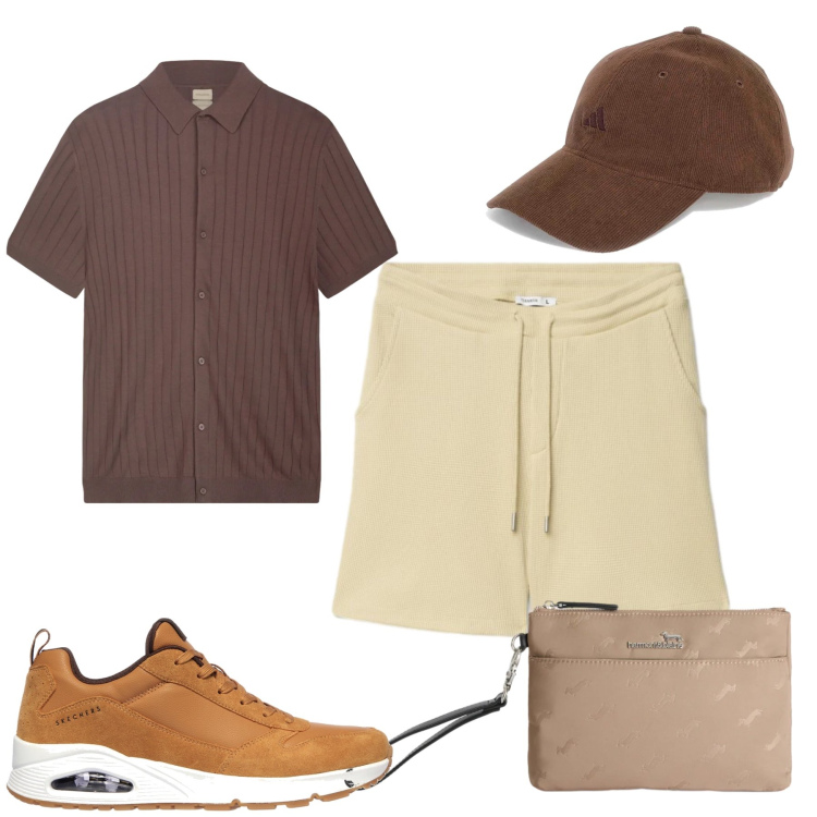 Outfit uomo - Urban Earth Tones. Stile Casual per Tutti i giorni. Abbinamento con bermuda, borse sportive, sneakers, cappelli con visiera, polo.