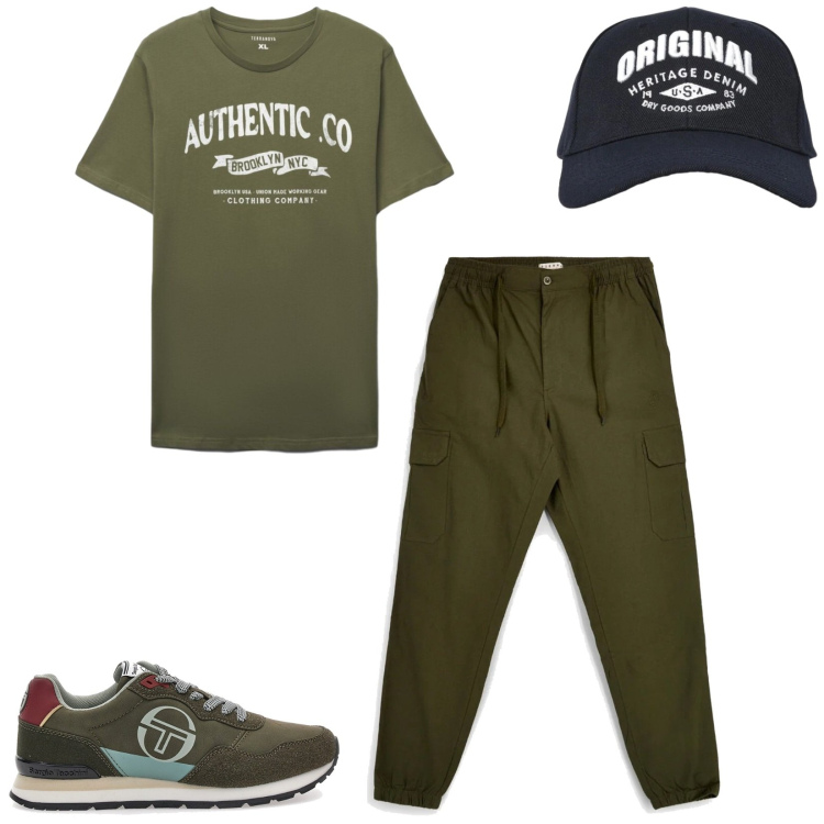 Outfit uomo - Total look #2394974. Stile Urban per Sport. Abbinamento con cappelli con visiera, t-shirt, sneakers, pantaloni cargo.
