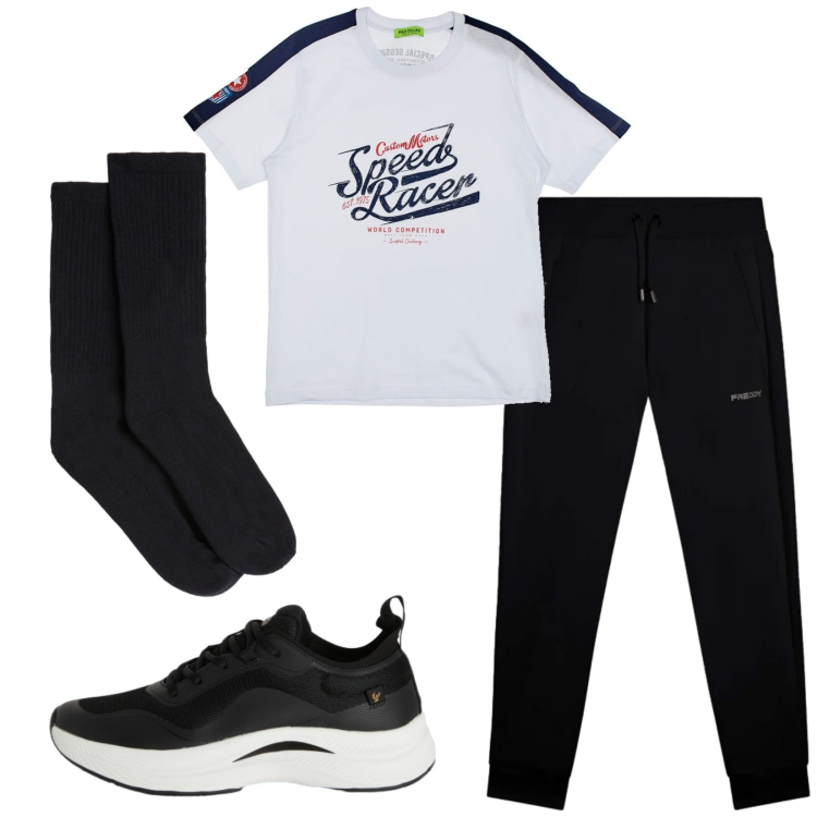 Outfit uomo - Total look #2394975. Stile Urban per Sport. Abbinamento con sneakers, pantaloni, calzini, t-shirt.