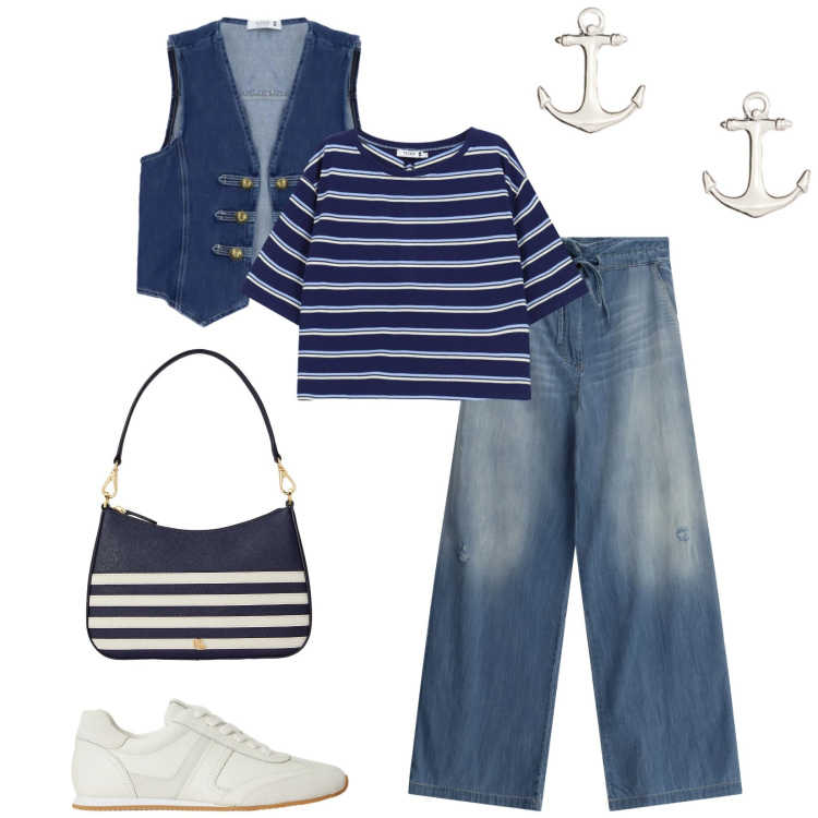 Outfit donna - Gita in barca. Stile Casual chic per Mare. Abbinamento con gilet, top, jeans, borse a spalla, orecchini, sneakers.