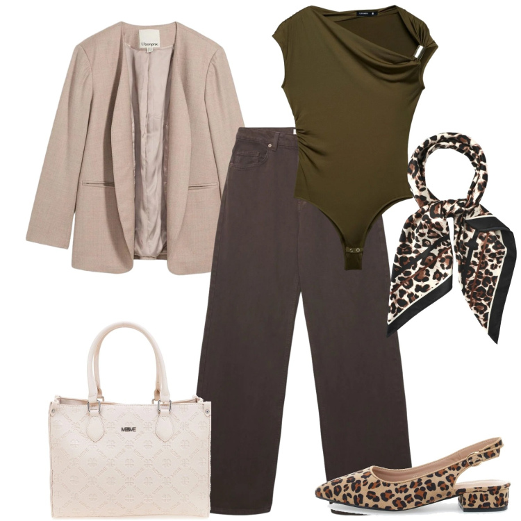 Outfit donna - Total look #2395004. Stile Casual chic per Tutti i giorni. Abbinamento con blazer, foulard, top, jeans, ballerine, borse a tracolla.