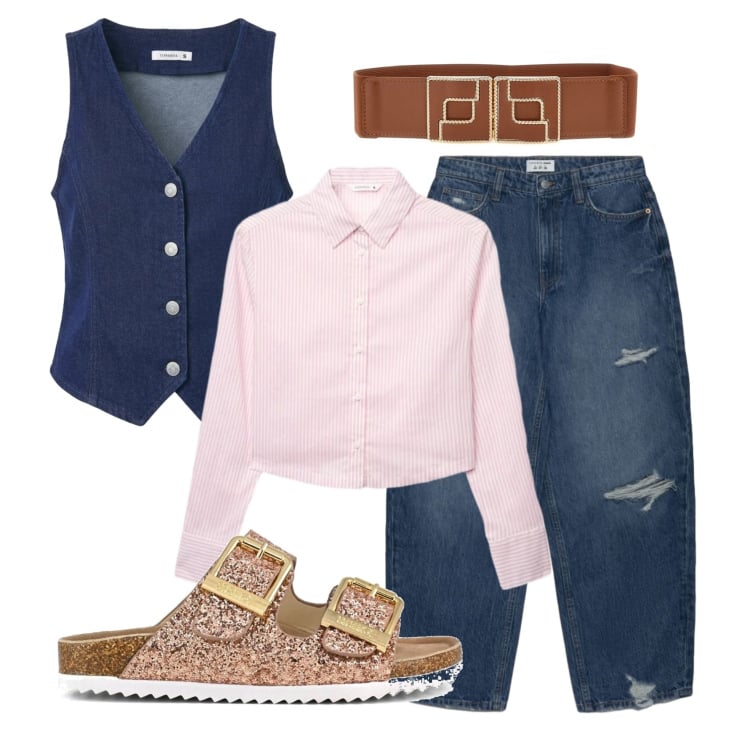 Outfit donna - Total look #2395011. Stile Casual per Tutti i giorni. Abbinamento con camicie, jeans strappati, gilet, sandali, cinture.