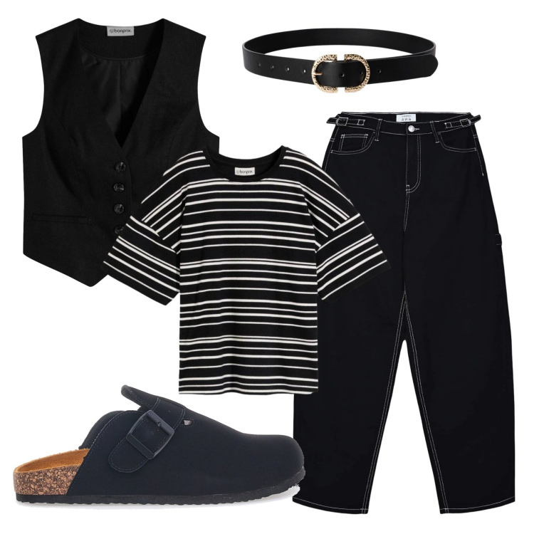 Outfit donna - Total look #2395014. Stile Trendy per Tutti i giorni. Abbinamento con gilet, t-shirt, pantaloni, cinture, ciabatte.