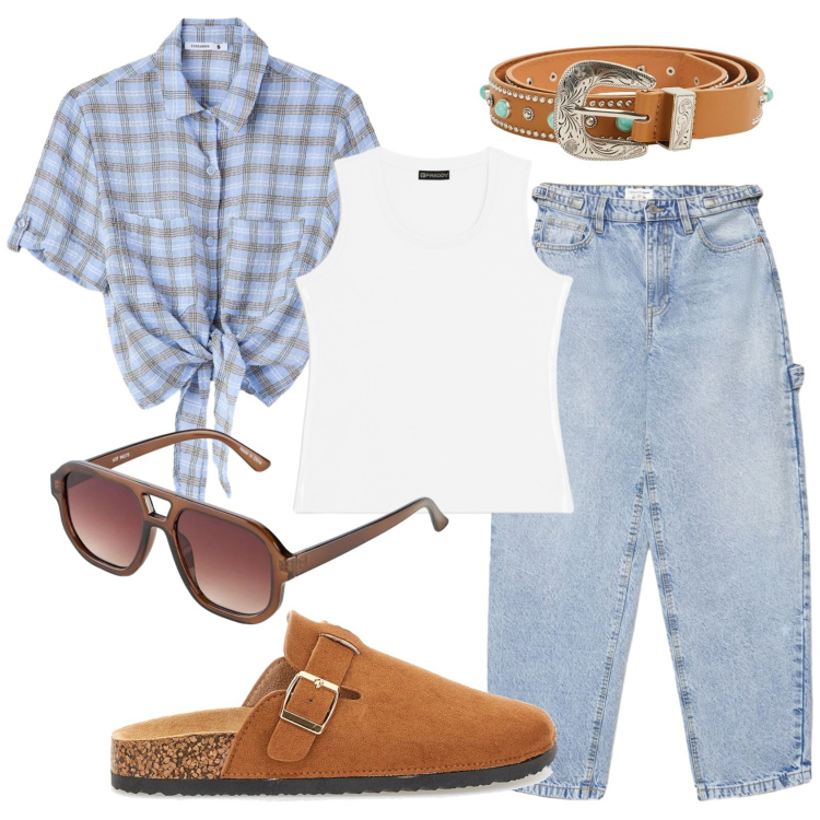Outfit donna - Total look #2395015. Stile Urban per Tutti i giorni. Abbinamento con occhiali da sole, jeans, cinture, camicie a manica corta, canottiere, ciabatte.