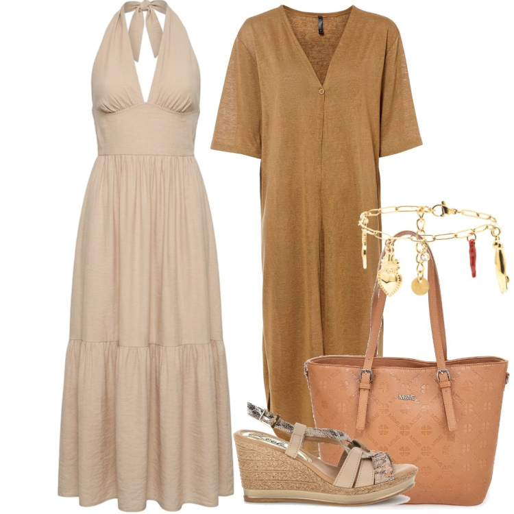 Outfit donna - Silhouette fluide e leggere - Curvy. Stile Boho per Tutti i giorni. Abbinamento con cardigans, vestiti lunghi, braccialetti, borse a tracolla, zeppe.