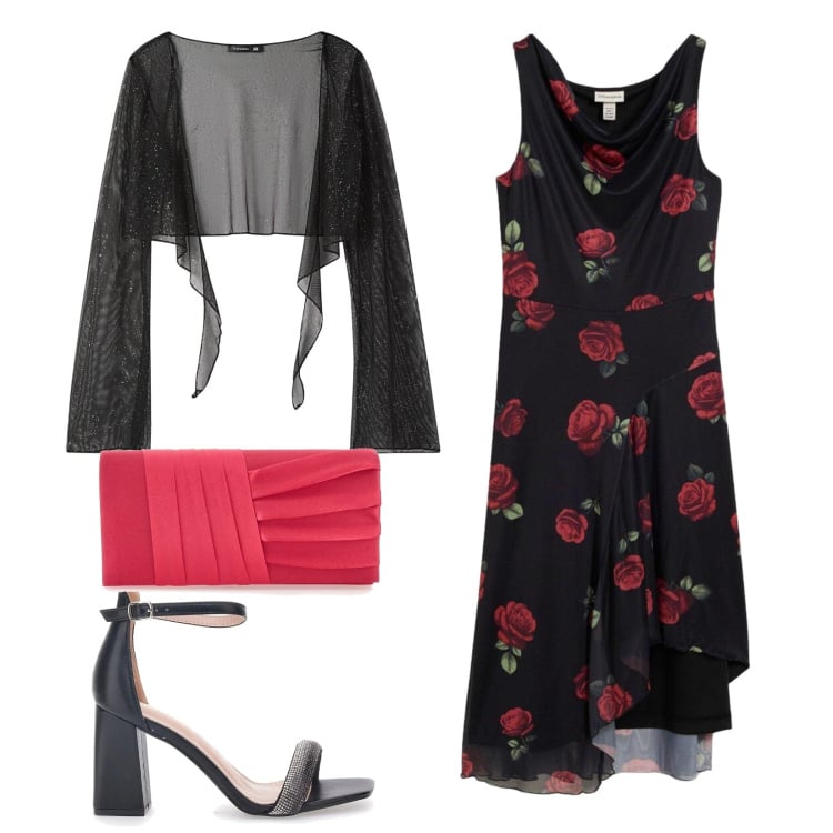 Outfit donna - Total look #2395019. Stile Romantica per Cerimonia. Abbinamento con vestiti midi/longuette, blazer, sandali col tacco, pochette.