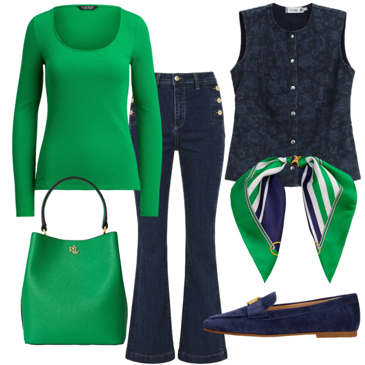 Outfit donna - Pranzo in famiglia. Stile Casual chic per Tutti i giorni. Abbinamento con gilet, jeans a zampa, mocassini, t-shirt, foulard, borse a secchiello.