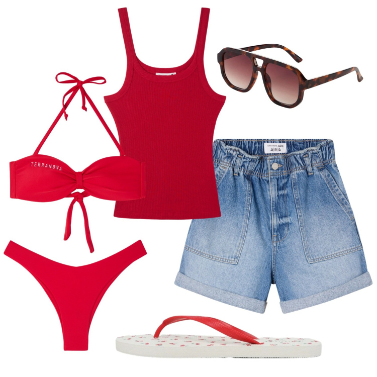 Outfit donna - Total look #2395022. Stile Basic per Mare. Abbinamento con occhiali da sole, shorts, canottiere, bikini, bikini, infradito.