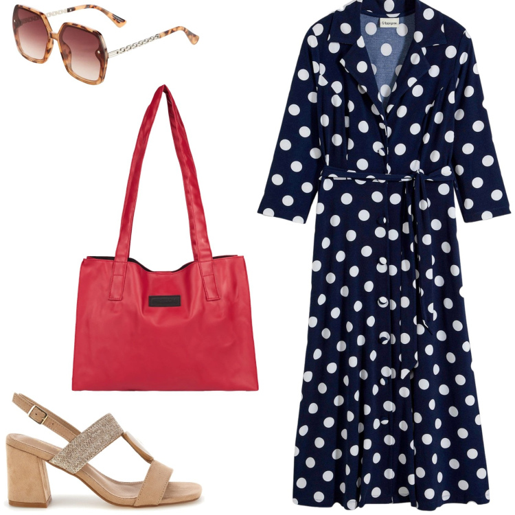 Outfit donna - L\'abito a pois midi. Stile Bon Ton per Tutti i giorni. Abbinamento con vestiti chemisier, occhiali da sole, shopping bag, sandali col tacco.