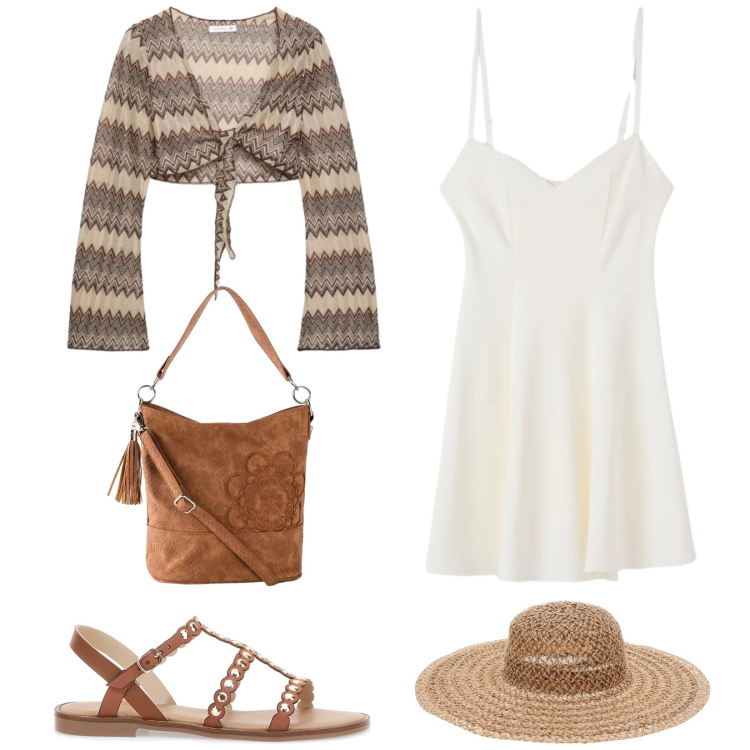 Outfit donna - Total look #2395024. Stile Etnico per Mare. Abbinamento con borse a mano, vestiti corti, blazer, sandali, cappelli.