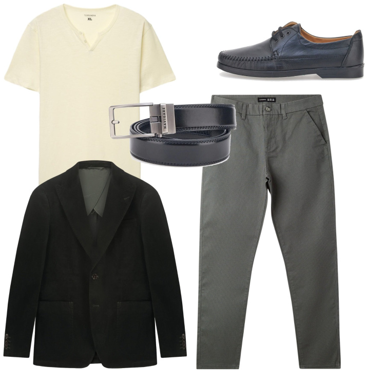 Outfit uomo - Total look. Stile Casual per Tutti i giorni. Abbinamento con pantaloni chino, t-shirt, scarpe stringate, giacche, cinture.