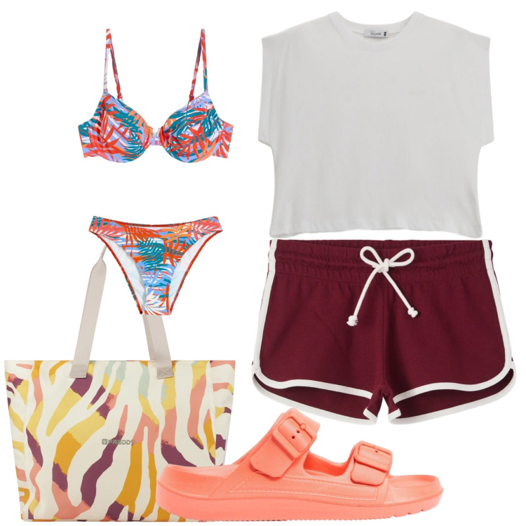 Outfit donna - Total look #2395026. Stile Sporty chic per Mare. Abbinamento con bikini, ciabatte, shorts, top, shopping bag.