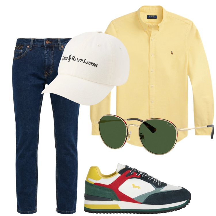 Outfit uomo - Appuntamento al bar. Stile Trendy per Tutti i giorni. Abbinamento con sneakers, pantaloni, occhiali da sole, cappelli, camicie.