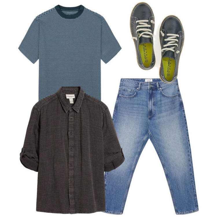 Outfit uomo - Un weekend. Stile Casual per Tutti i giorni. Abbinamento con camicie, jeans, sneakers, t-shirt.