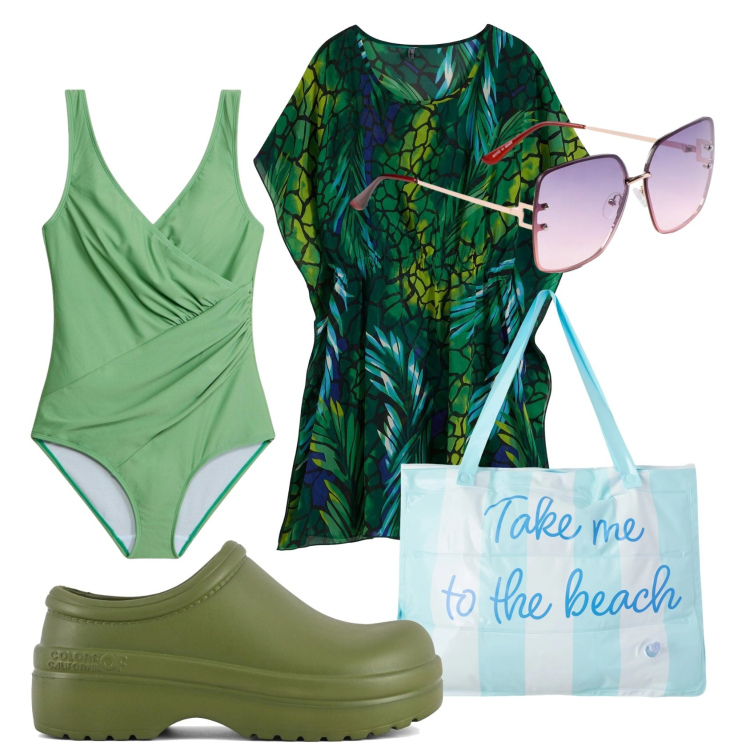 Outfit donna - Total look #2395032. Stile Vintage retrò per Mare. Abbinamento con vestiti da spiaggia, occhiali da sole, costumi interi, borse tote, zoccoli.