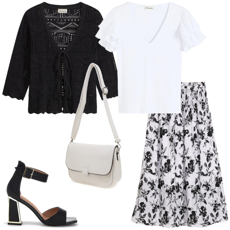 Outfit donna - Silhouette fluide e leggere. Stile Bon Ton per Tutti i giorni. Abbinamento con cardigans, gonne longuette, bluse, sandali col tacco, borse a tracolla.