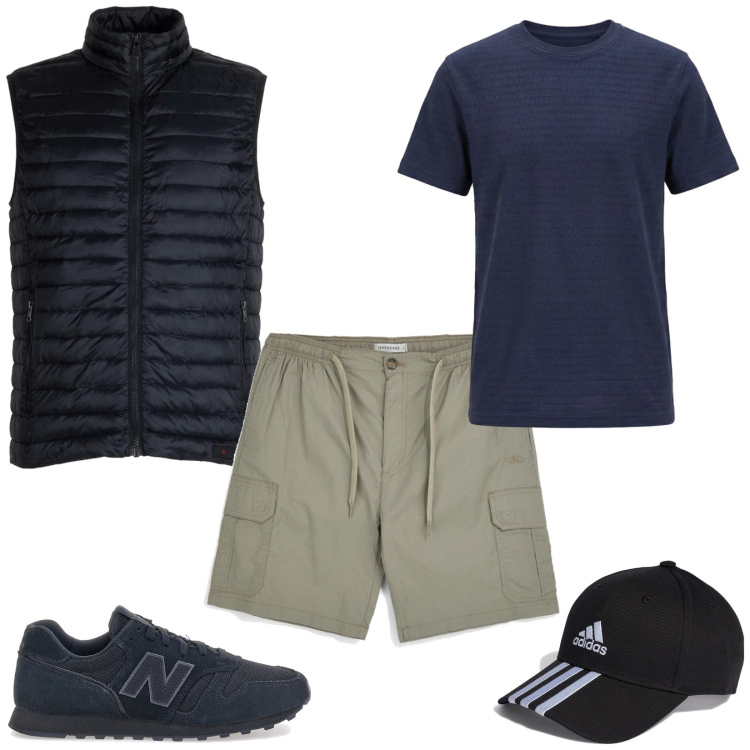 Outfit uomo - Total look #2395039. Stile Casual per Tutti i giorni. Abbinamento con t-shirt, piumini, cappelli con visiera, shorts, sneakers.