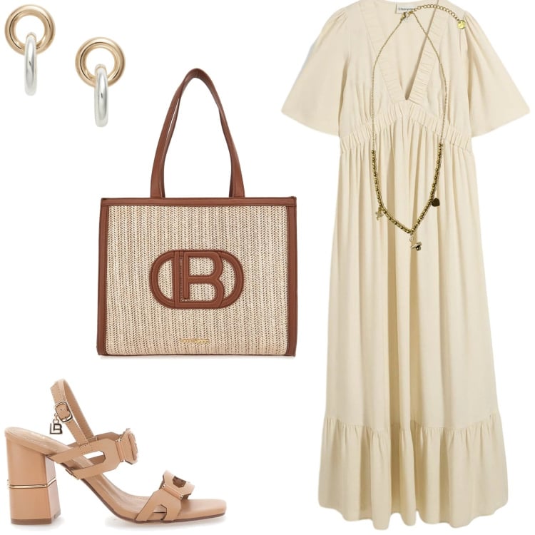 Outfit donna - L\'abito fluido in viscosa. Stile Minimal per Tutti i giorni. Abbinamento con vestiti lunghi, ciondoli, orecchini, borse a spalla, sandali col tacco.