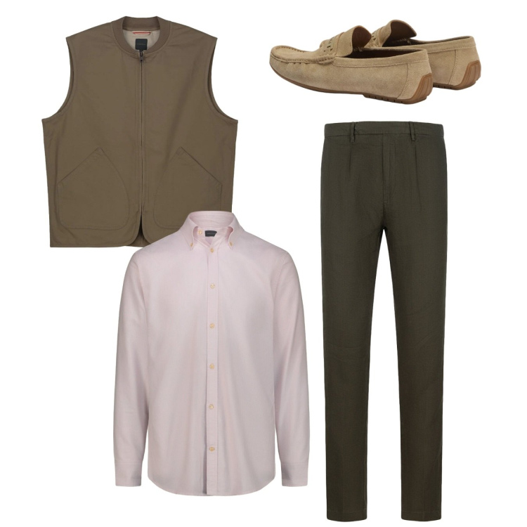 Outfit uomo - Total look. Stile Casual per Tutti i giorni. Abbinamento con scarpe stringate, camicie, gilet, pantaloni.