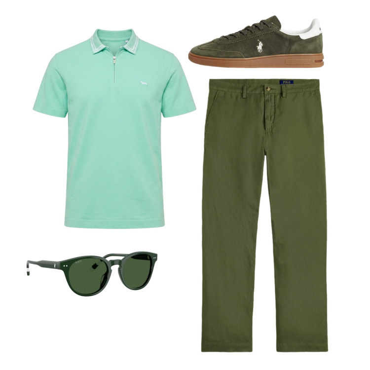 Outfit uomo - Total look. Stile Casual per Tutti i giorni. Abbinamento con polo, sneakers, pantaloni, occhiali da sole.