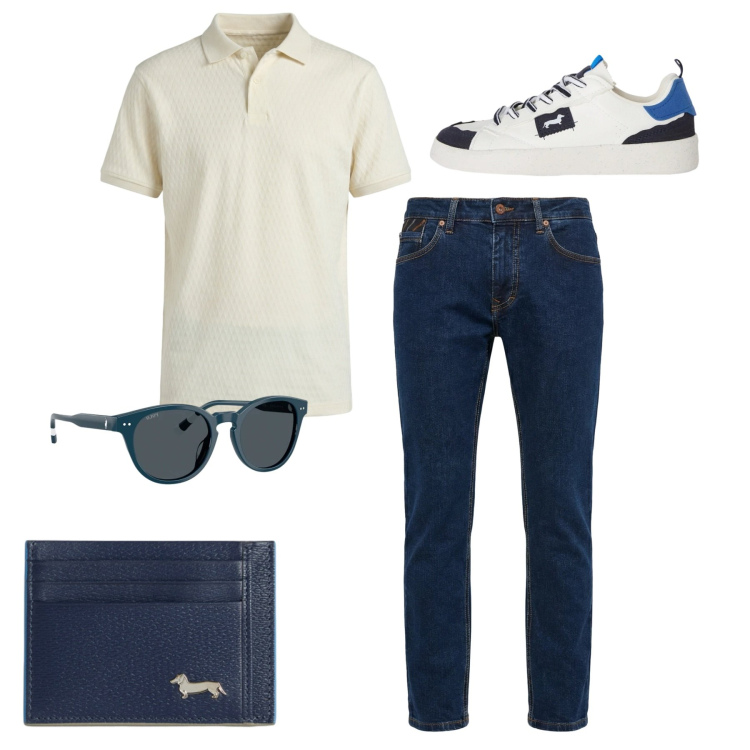 Outfit uomo - Total look. Stile Casual per Tutti i giorni. Abbinamento con sneakers, pantaloni, portafogli, polo, occhiali da sole.