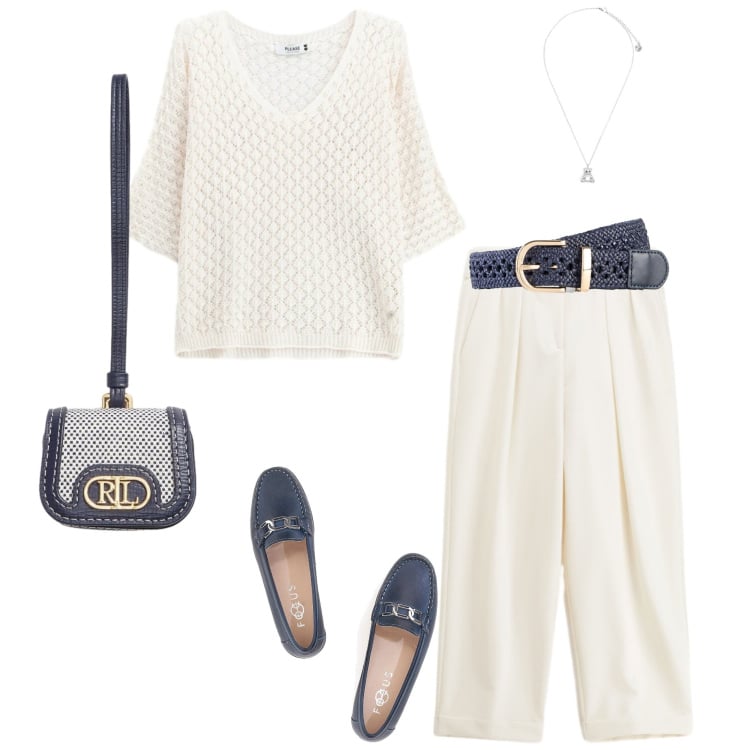 Outfit donna - Silhouette fluide e leggere. Stile Casual chic per Ufficio. Abbinamento con cinture, pantaloni, canottiere, ciondoli, pochette, mocassini.