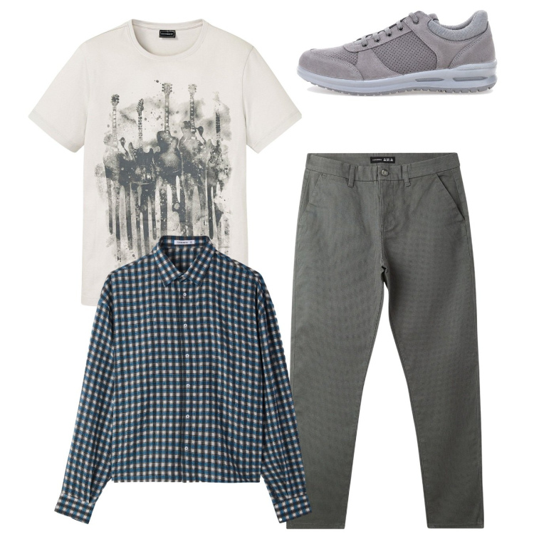Outfit uomo - Total look. Stile Urban per Tutti i giorni. Abbinamento con t-shirt, pantaloni chino, camicie, sneakers.