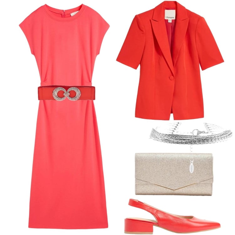 Outfit donna - Silhouette fluide e leggere - Curvy. Stile Glamour per Cerimonia. Abbinamento con blazer, vestiti, décolleté, clutch, braccialetti, cinture.