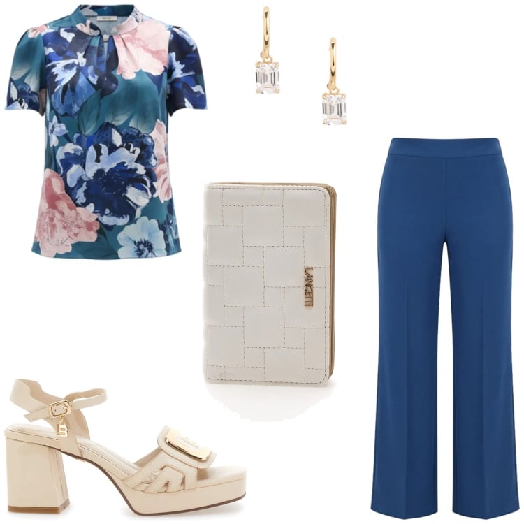 Outfit donna - Un outfit di primavera. Stile Glamour per Cerimonia. Abbinamento con bluse, pantaloni a palazzo, orecchini, portafogli, sandali col tacco.