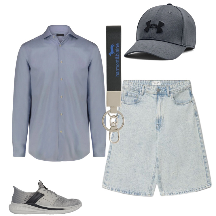 Outfit uomo - Eleganza Casual Moderna. Stile Urban per Tutti i giorni. Abbinamento con shorts, portachiavi, cappelli, camicie, sneakers.