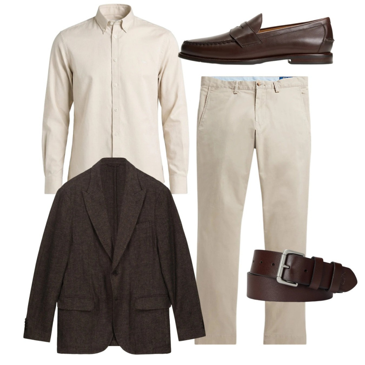 Outfit uomo - Moro e avorio. Stile Casual per Tutti i giorni. Abbinamento con camicie, pantaloni, cinture, scarpe stringate, giacche.