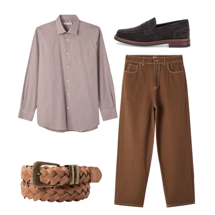 Outfit uomo - Total look. Stile Casual per Tutti i giorni. Abbinamento con pantaloni, camicie, cinture, scarpe stringate.