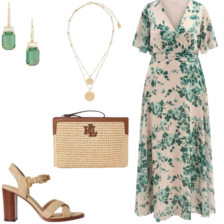 Outfit donna - L\'abito da cerimonia. Stile Glamour per Cerimonia. Abbinamento con vestiti lunghi, ciondoli, sandali col tacco, orecchini, pochette.