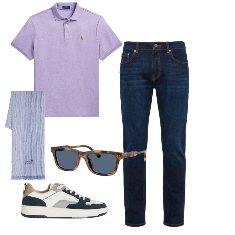 Outfit uomo - Glicine. Stile Casual per Tutti i giorni. Abbinamento con sciarpe, jeans, sneakers, occhiali da sole, polo.