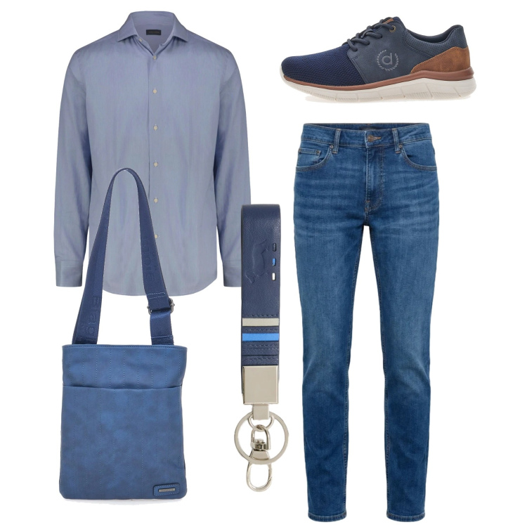 Outfit uomo - Bluette. Stile Casual per Tutti i giorni. Abbinamento con portachiavi, jeans, scarpe stringate, portafogli, camicie.