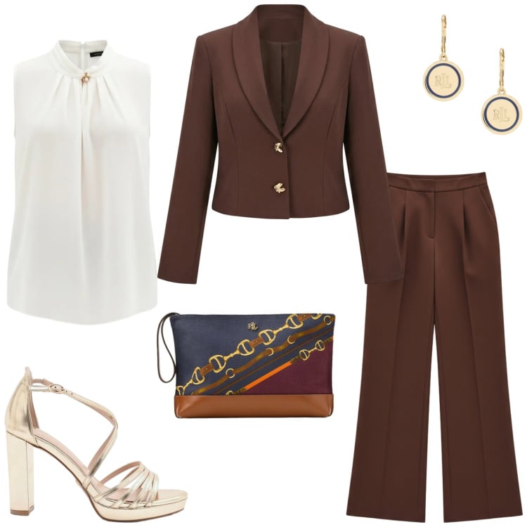 Outfit donna - Cerimonia in primavera. Stile Glamour per Cerimonia. Abbinamento con blazer, top, sandali col tacco, pantaloni a palazzo, pochette, orecchini.