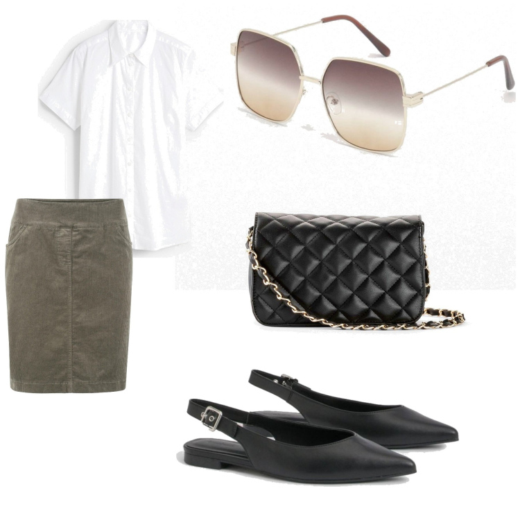 Outfit femme - Bureau. Style Basique pour Bureau. Assortir avec jupes longues, chemises à manches courtes, sacs en bandoulière, ballerines, lunettes de soleil.