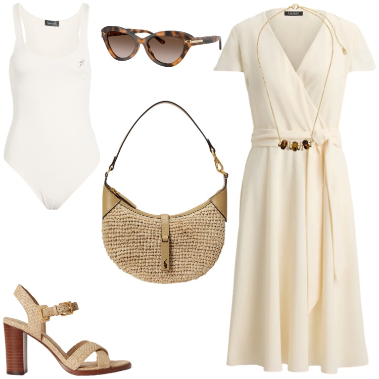 Outfit donna - Minimal ed elegante. Stile Minimal per Tutti i giorni. Abbinamento con body, collane, occhiali da sole, vestiti chemisier, sandali col tacco, borse a spalla.