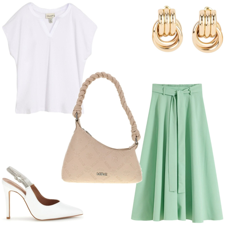 Outfit donna - Primavera 2026. Stile Chic per Tutti i giorni. Abbinamento con gonne lunghe, bluse, orecchini, borse a spalla, décolleté.