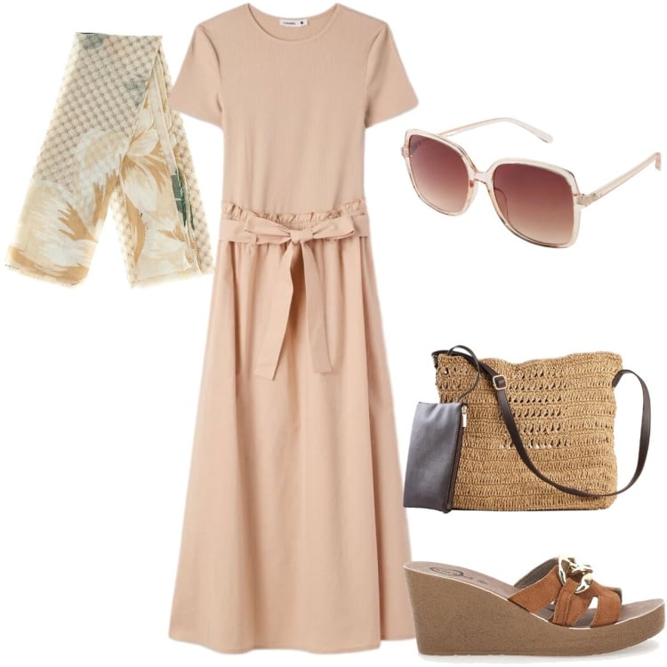 Outfit donna - Punto vita protagonista - Curvy. Stile Boho per Tutti i giorni. Abbinamento con occhiali da sole, borse a tracolla, vestiti lunghi, foulard, zeppe.