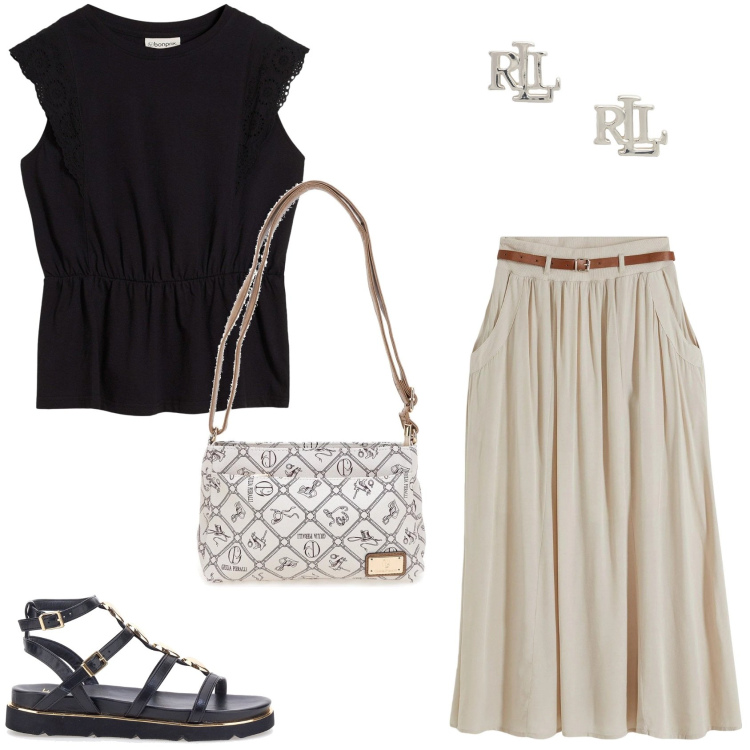 Outfit donna - Punto vita protagonista. Stile Chic per Tutti i giorni. Abbinamento con gonne lunghe, t-shirt, orecchini, borse a tracolla, sandali gioiello.