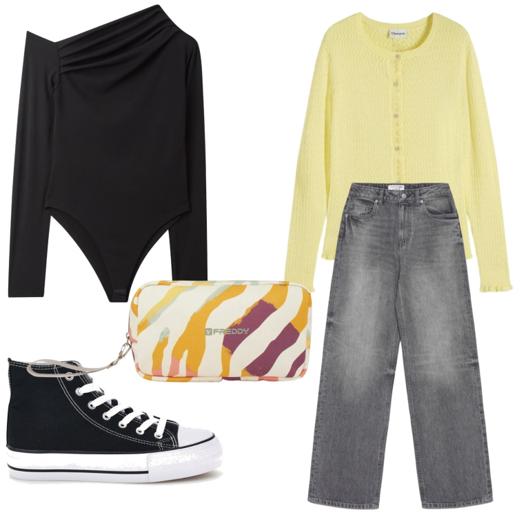 Outfit donna - Body asimmetrico. Stile Minimal per Tutti i giorni. Abbinamento con cardigans, jeans, body, valigie, sneakers alte.