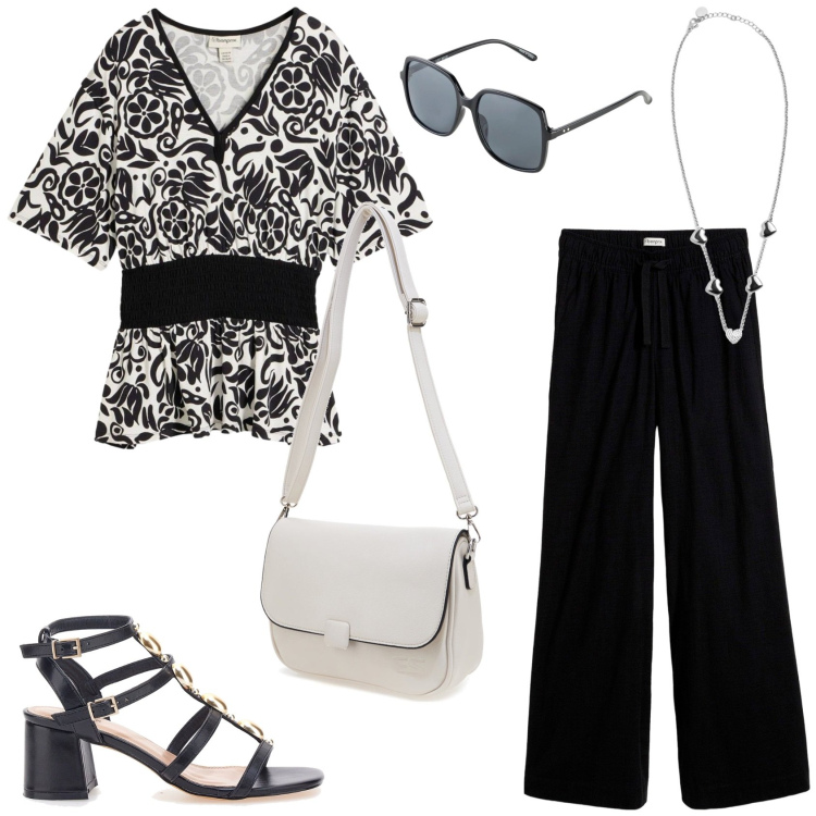 Outfit donna - Punto vita protagonista. Stile Glamour per Serata fuori. Abbinamento con pantaloni a palazzo, bluse, occhiali da sole, collane, sandali gioiello, borse a tracolla.