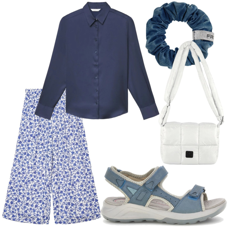 Outfit donna - La classica camicia blu. Stile Glamour per Tutti i giorni. Abbinamento con camicie, pantaloni a palazzo, borse a spalla, accessori per capelli, sandali.