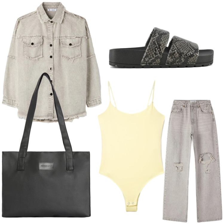 Outfit donna - Body pastello. Stile Trendy per Tutti i giorni. Abbinamento con jeans strappati, cappotti, canottiere, shopping bag, ciabatte.