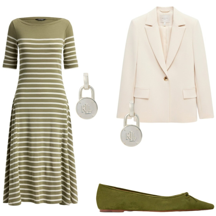 Outfit donna - Natural Fluidity. Stile Chic per Ufficio. Abbinamento con blazer, orecchini, ballerine, vestiti midi/longuette.