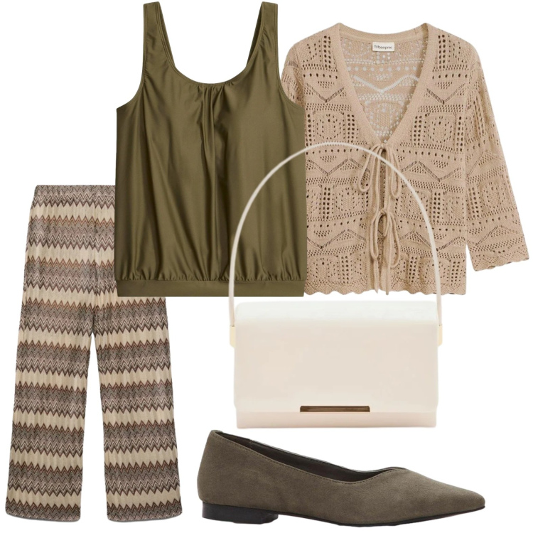 Outfit donna - Ballerine oliva. Stile Casual per Tutti i giorni. Abbinamento con cardigans, top, ballerine, pantaloni, pochette.
