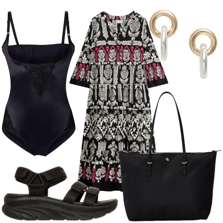 Outfit donna - Giornata di libertà. Stile Casual per Tutti i giorni. Abbinamento con vestiti lunghi, body, borse tote, orecchini, sandali.